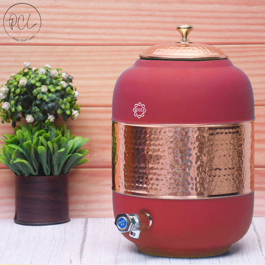 Pure Copper Silk Red Cherry Half Hammered Water Dispenser (Matka) Capacity 8000ML