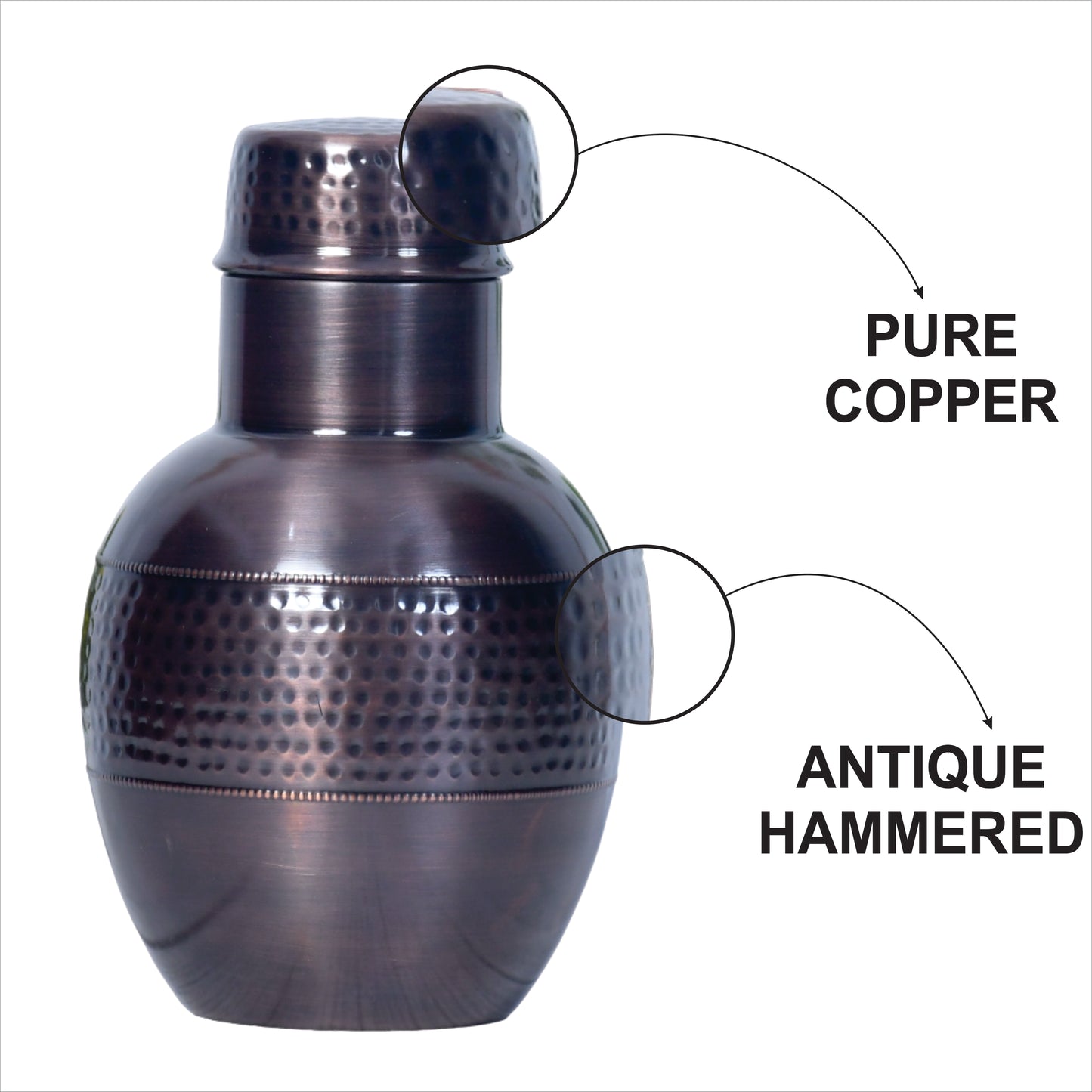 Pure Copper Bedside Apple Jar Antique Hammered with In-Built Glass Capacity 1200ML