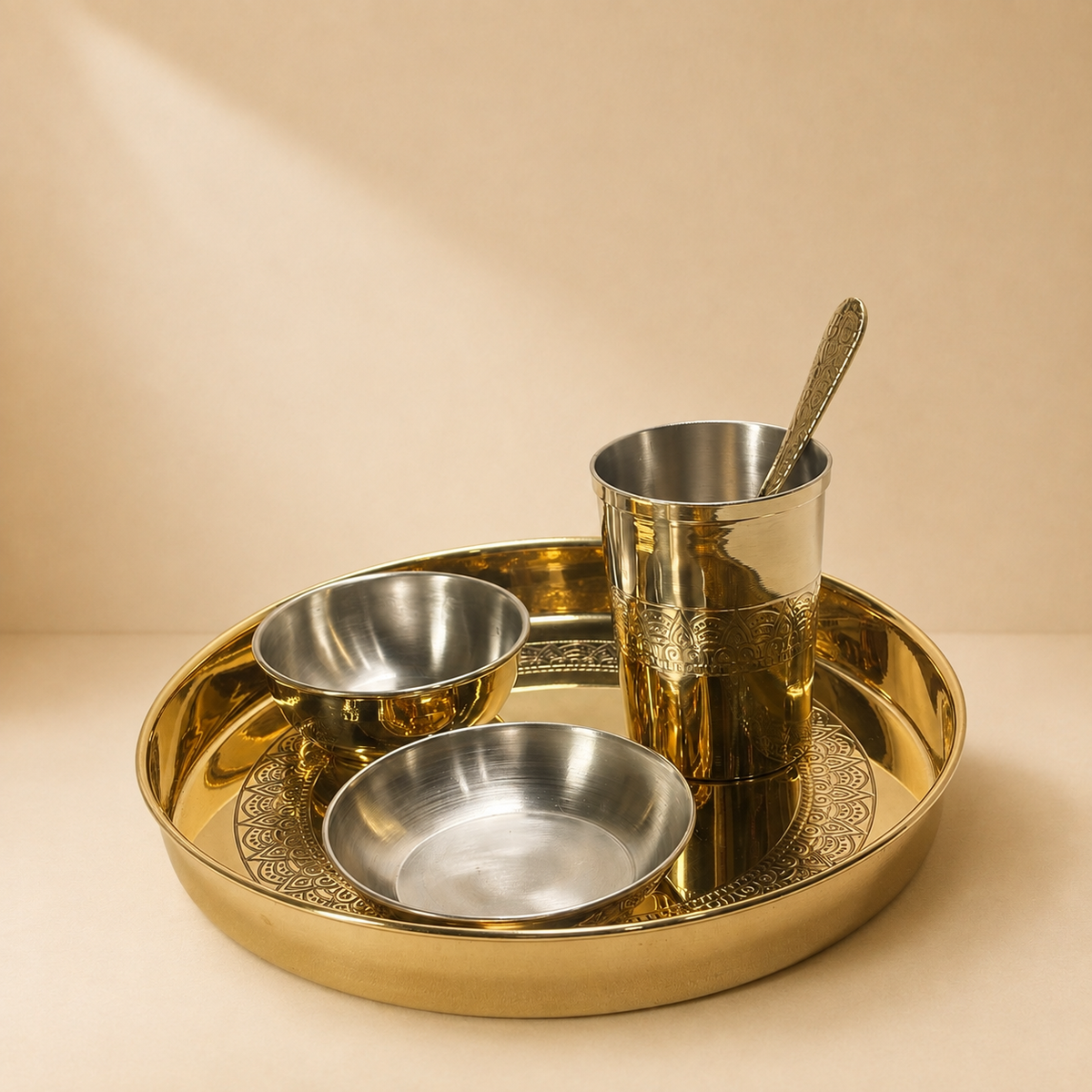 Handcrafted Pure Brass Bhojan Thali | Traditional Indian Dining Tin-Coated