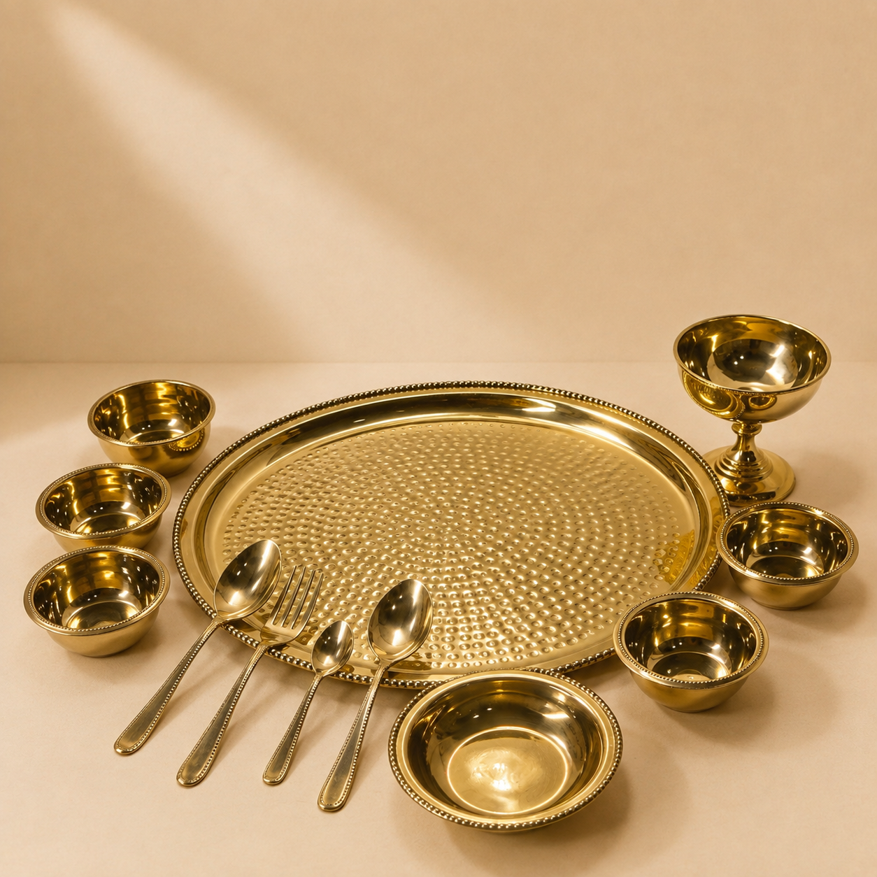 Brass Hammered Bhojan Thali Set (Set of 12) | Handcrafted Indian Dinner Set