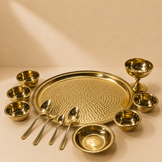 Brass Hammered Bhojan Thali Set (Set of 12) | Handcrafted Indian Dinner Set