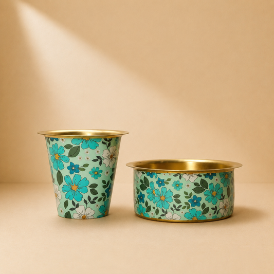 Premium Brass Blue Floral Meena Print Dabra Set | Traditional South Indian