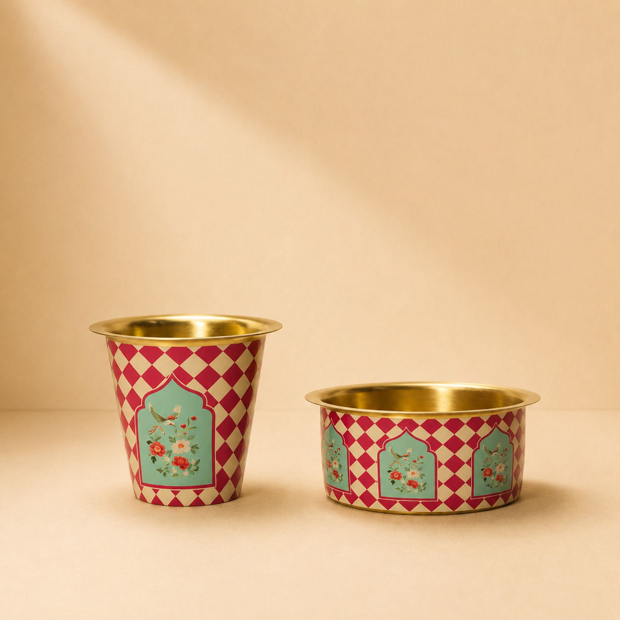 Premium Brass Red Floral Meena Print Dabra Set | Traditional South Indian