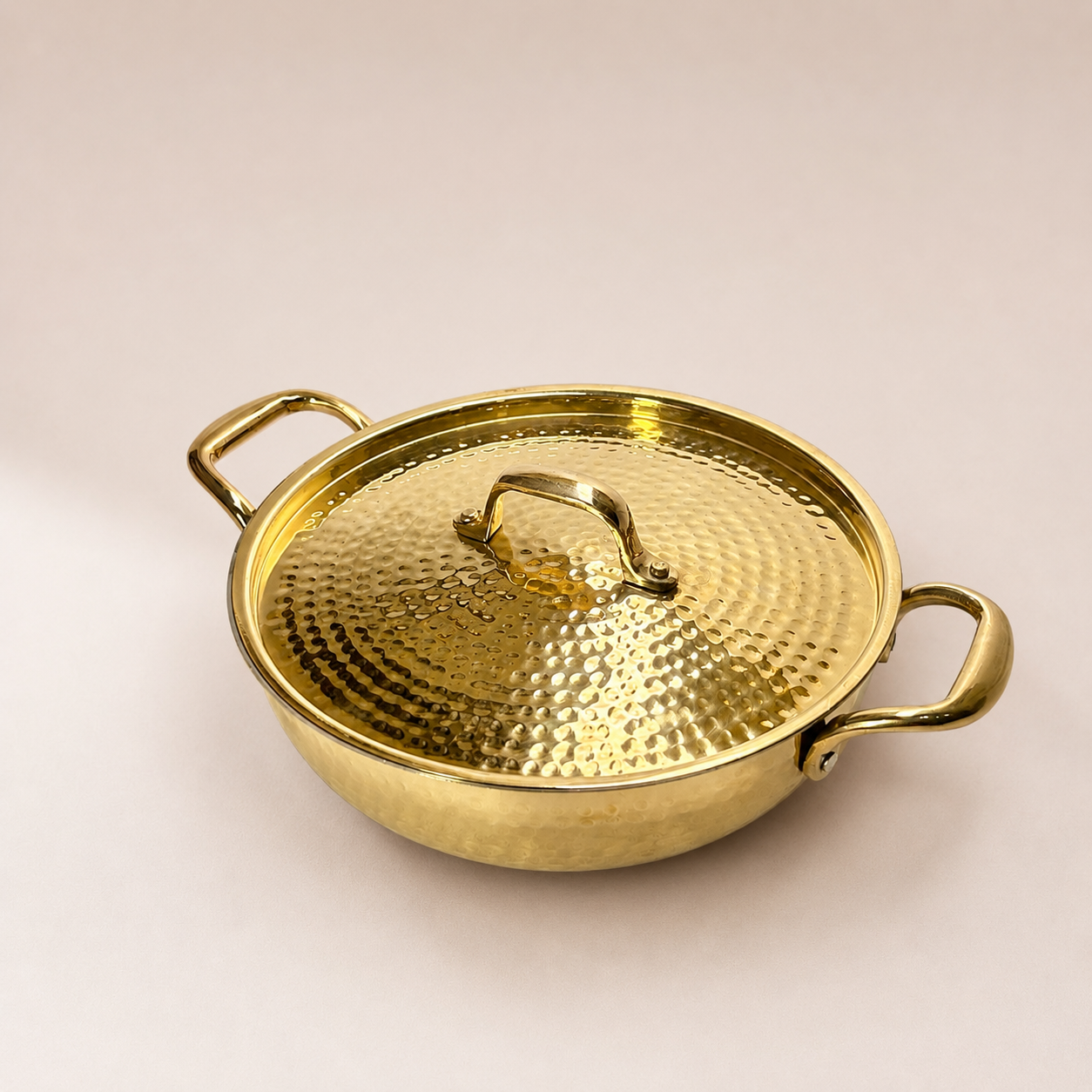 Handcrafted Brass Hammered Kadhai with Lid & Handle | Tradational Cookware