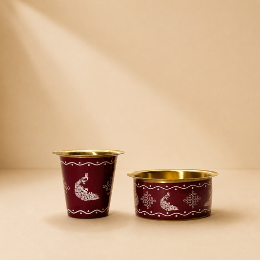 Red Meenakari Brass Dabara Set – Peacock Design