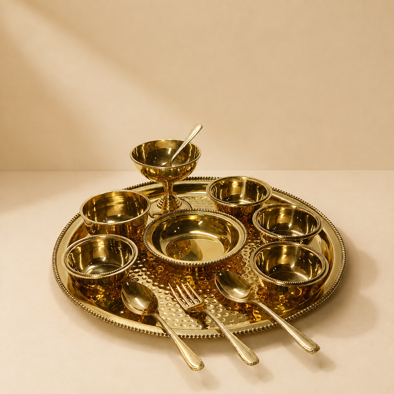 Brass Hammered Bhojan Thali Set (Set of 12) | Handcrafted Indian Dinner Set