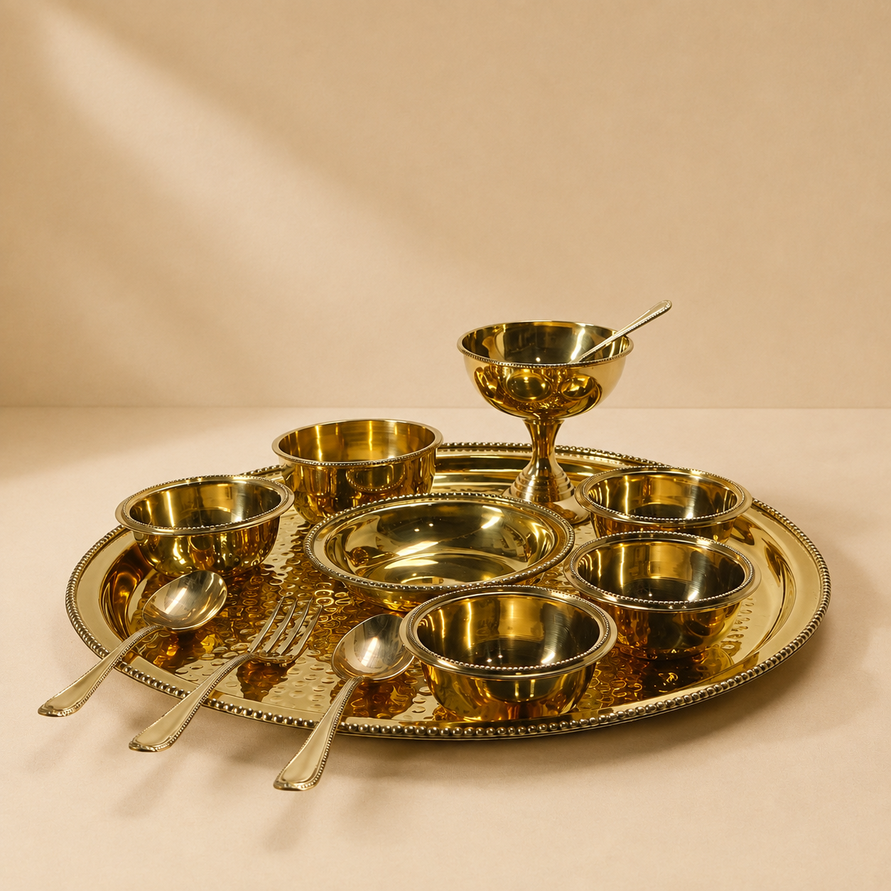 Brass Hammered Bhojan Thali Set (Set of 12) | Handcrafted Indian Dinner Set