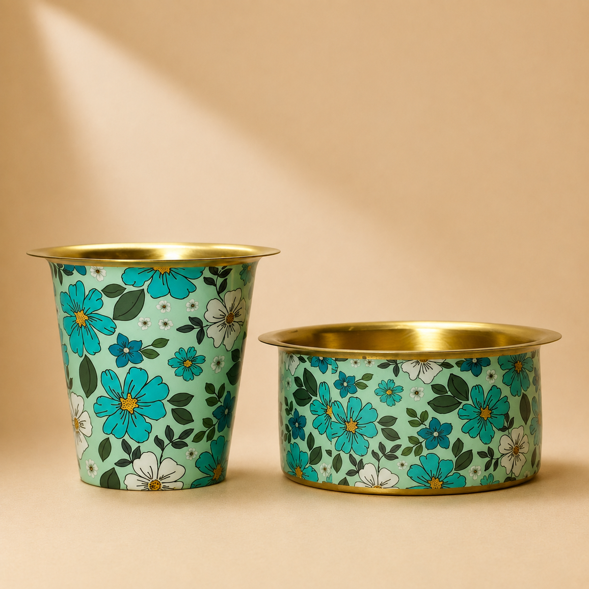Premium Brass Blue Floral Meena Print Dabra Set | Traditional South Indian