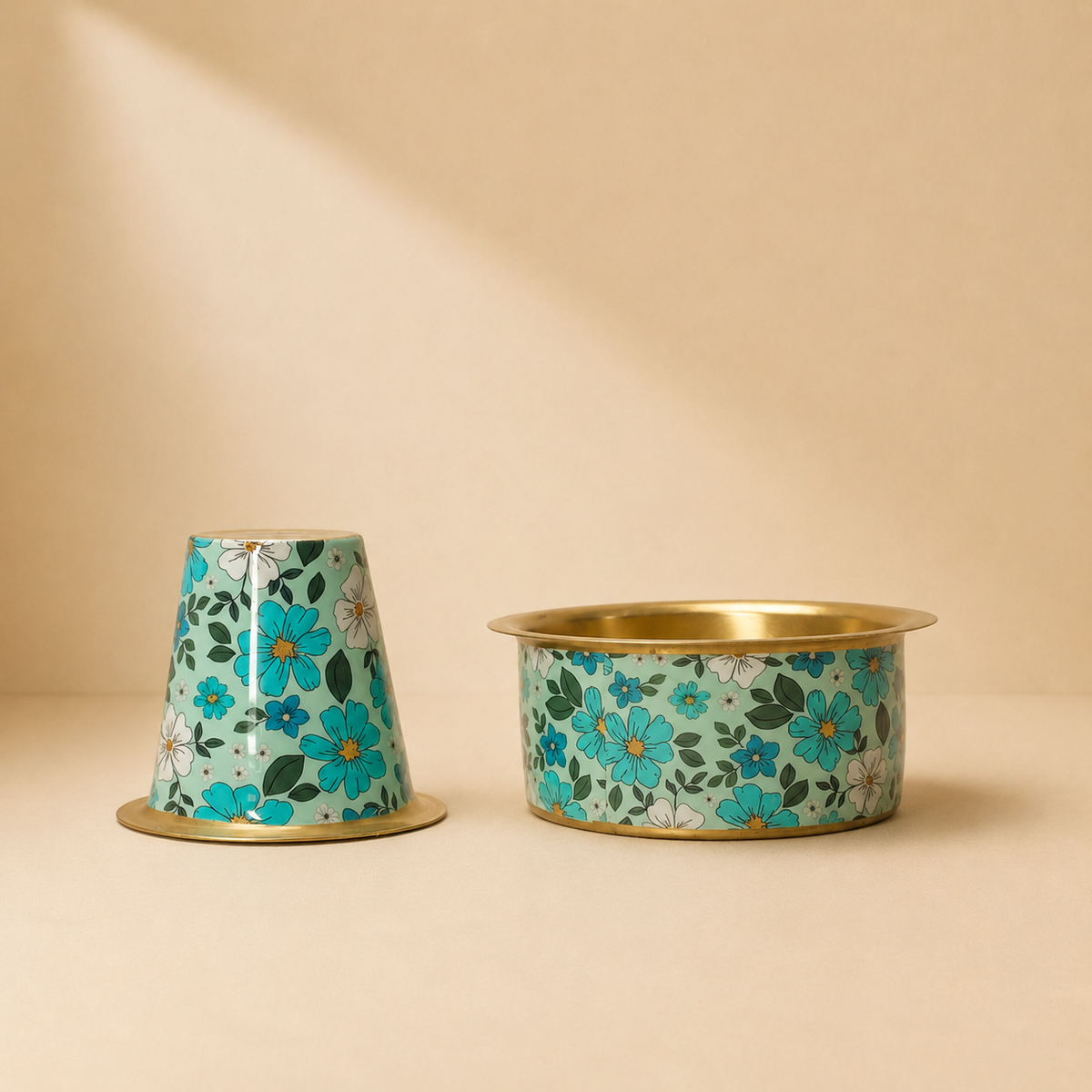 Premium Brass Blue Floral Meena Print Dabra Set | Traditional South Indian