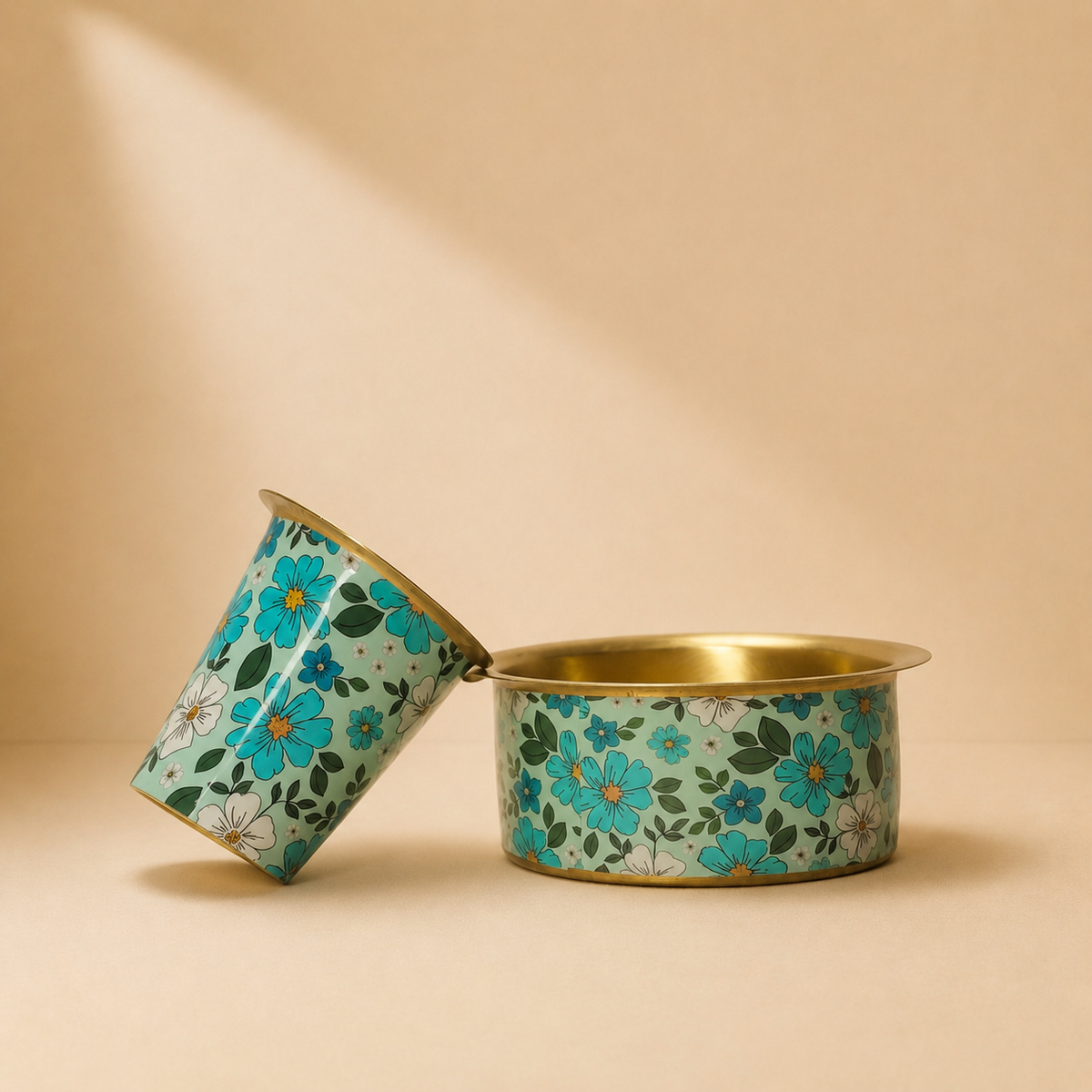 Premium Brass Blue Floral Meena Print Dabra Set | Traditional South Indian
