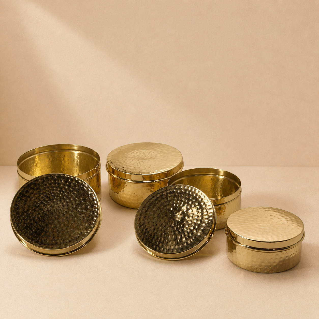 Brass Kulfi Set of 4 Pcs - Brass Dabba Shiny Polished With Hammered Design