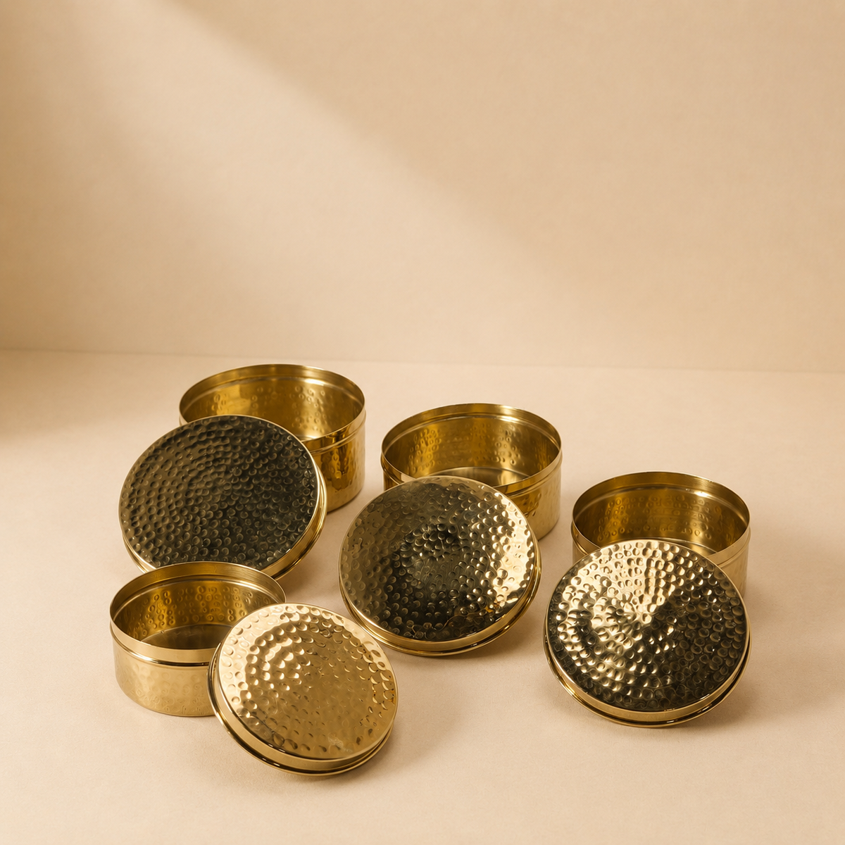 Brass Kulfi Set of 4 Pcs - Brass Dabba Shiny Polished With Hammered Design