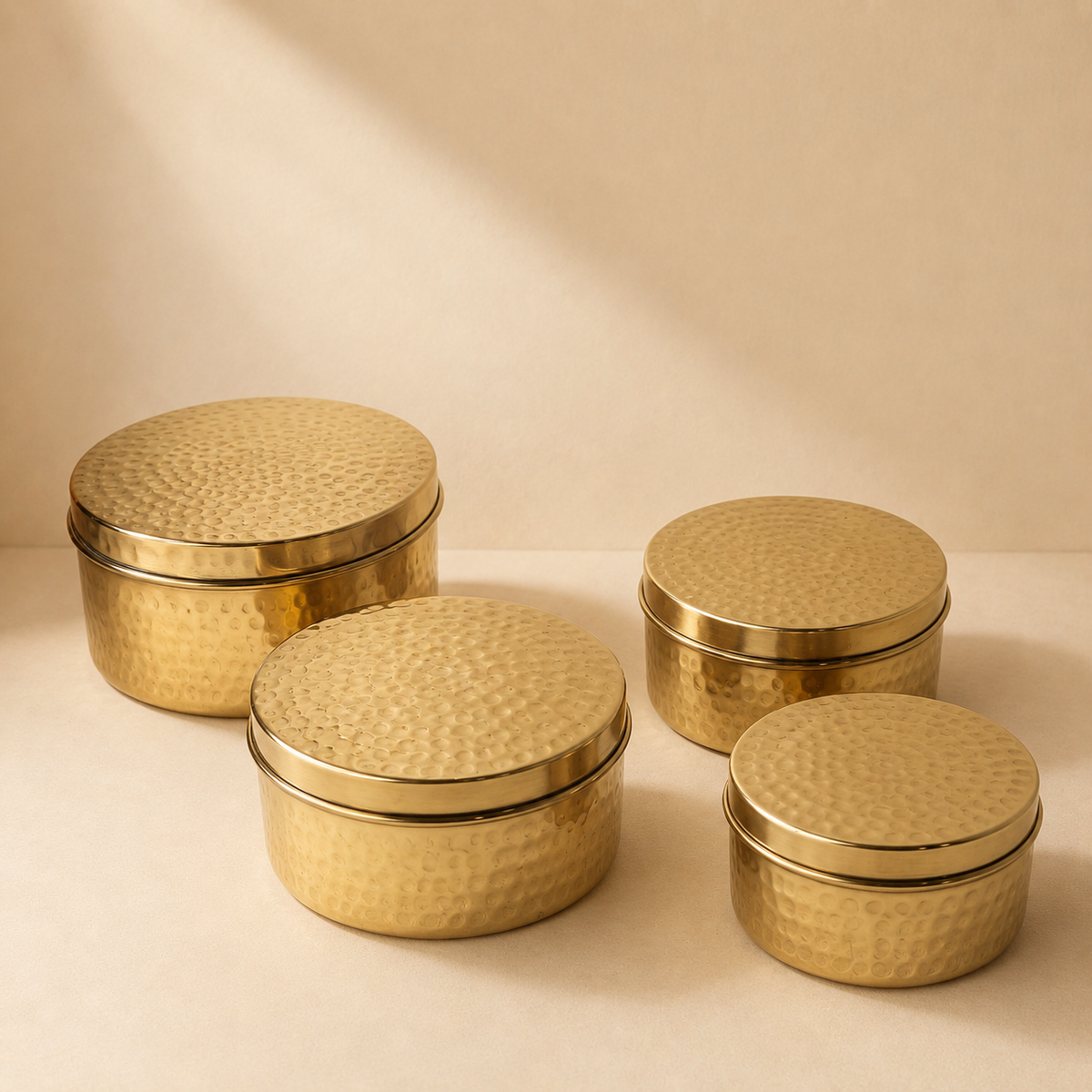 Brass Kulfi Set of 4 Pcs - Brass Dabba Shiny Polished With Hammered Design