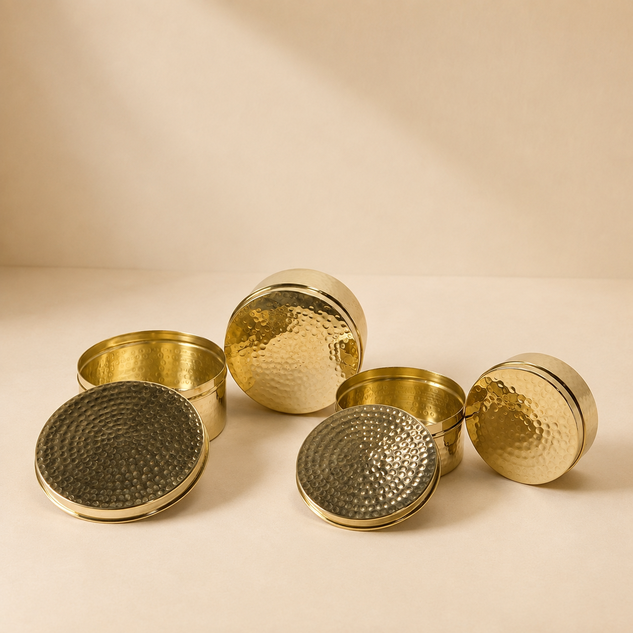 Brass Kulfi Set of 4 Pcs - Brass Dabba Shiny Polished With Hammered Design