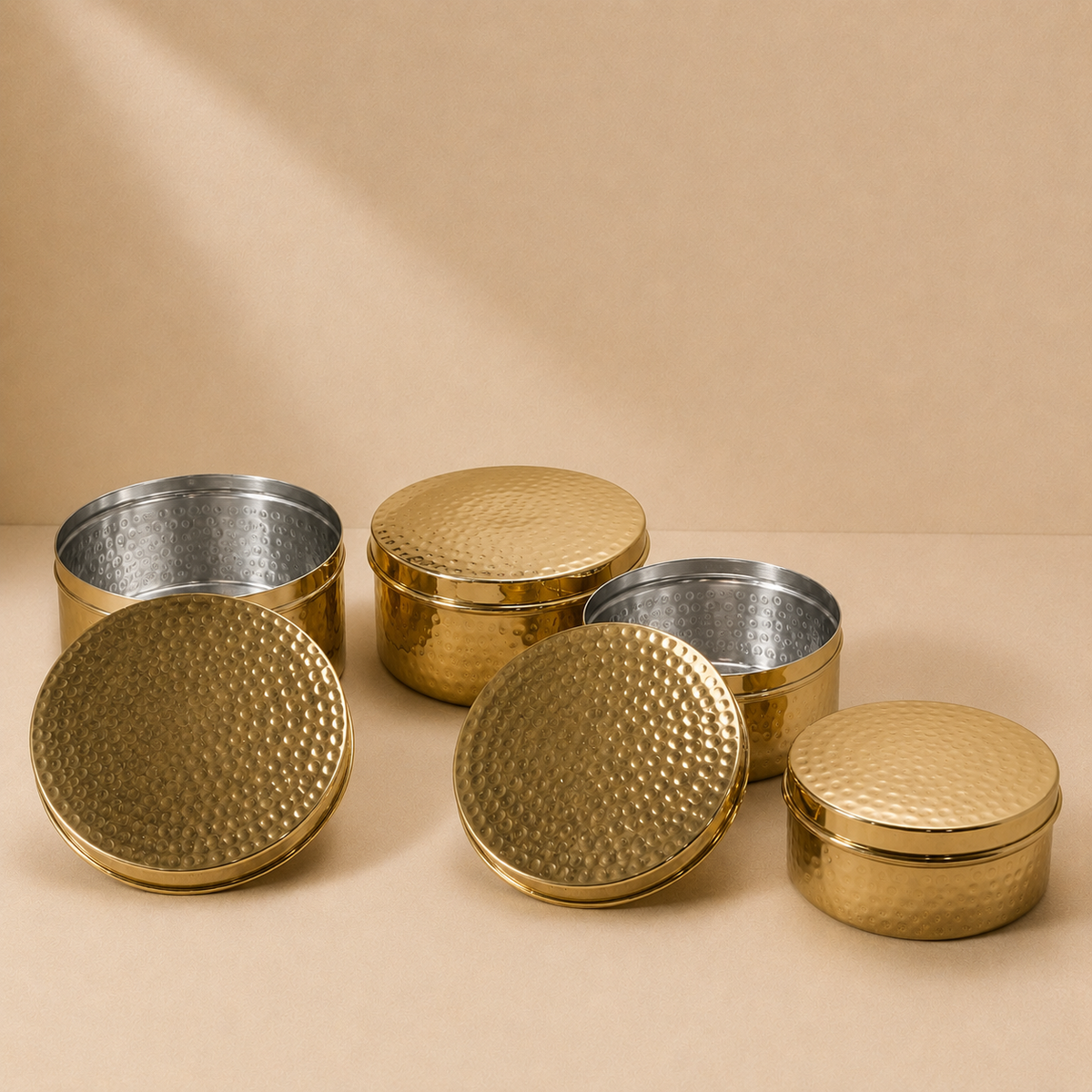 Premium Brass Kulfi Set, Laddu box | Engraved Lid (Set of 4)