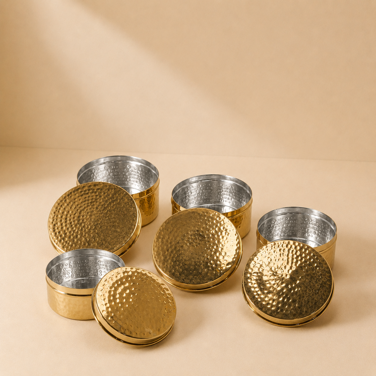Premium Brass Kulfi Set, Laddu box | Engraved Lid (Set of 4)