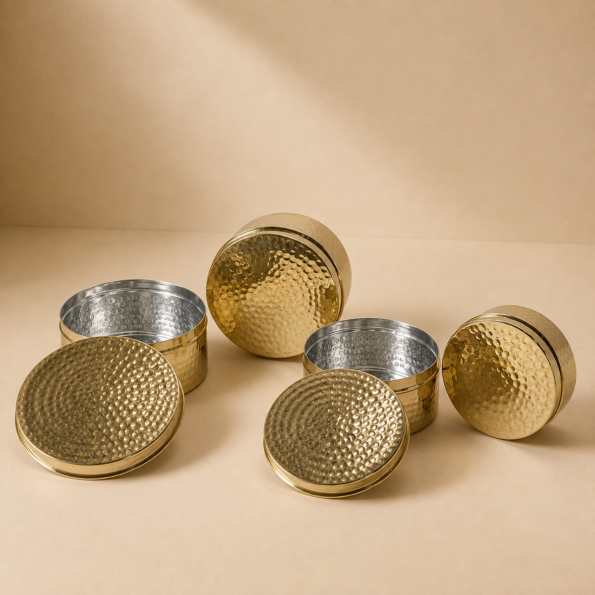 Premium Brass Kulfi Set, Laddu box | Engraved Lid (Set of 4)