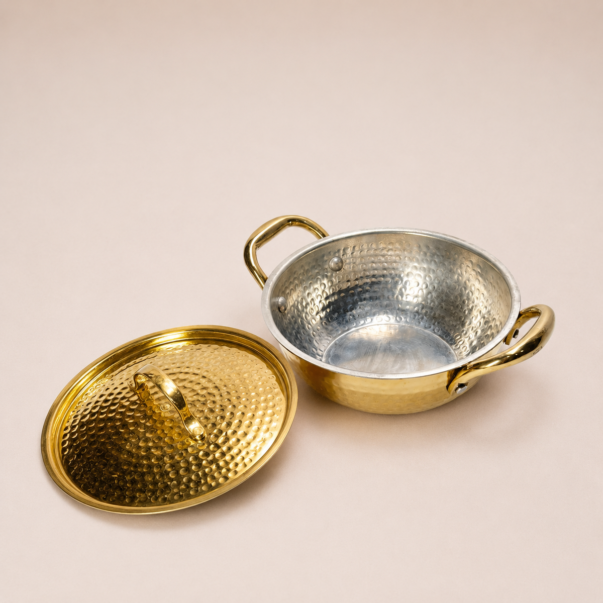 Handcrafted Brass Hammered Kadhai with Lid & Handle | Tradational Cookware
