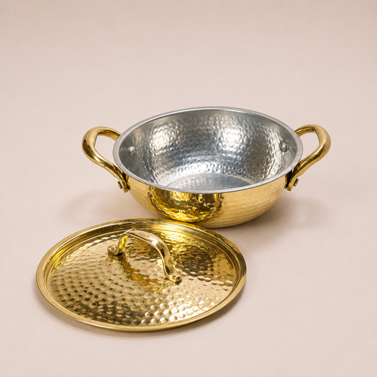 Handcrafted Brass Hammered Kadhai with Lid & Handle | Tradational Cookware