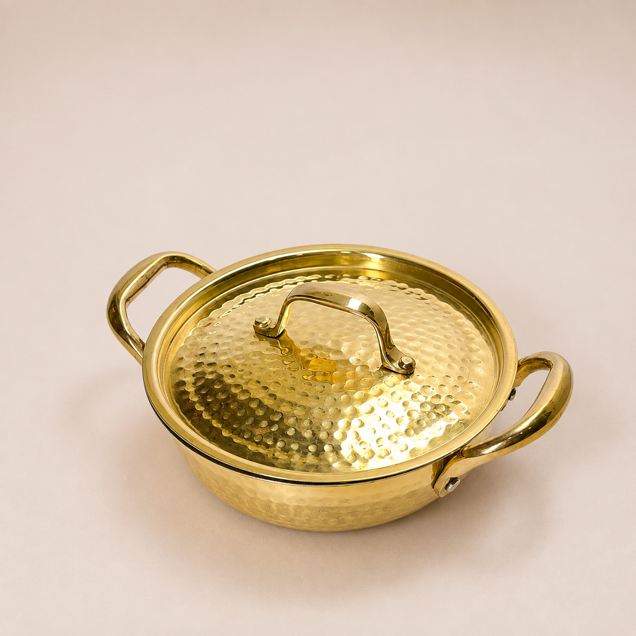 Handcrafted Brass Hammered Kadhai with Lid & Handle | Tradational Cookware