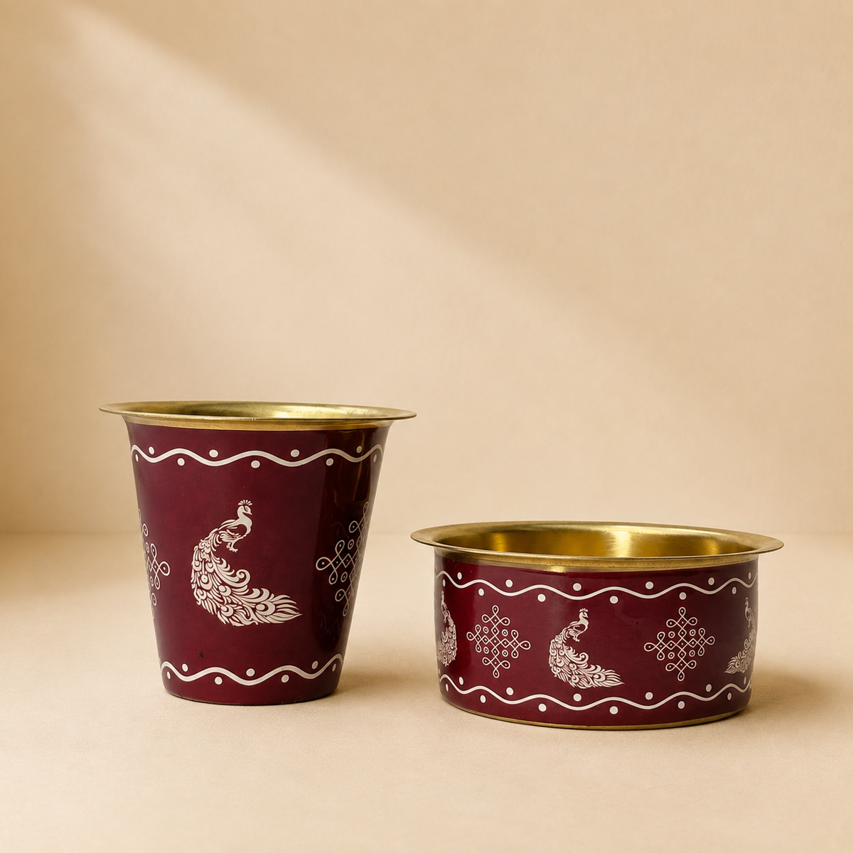 Red Meenakari Brass Dabara Set – Peacock Design