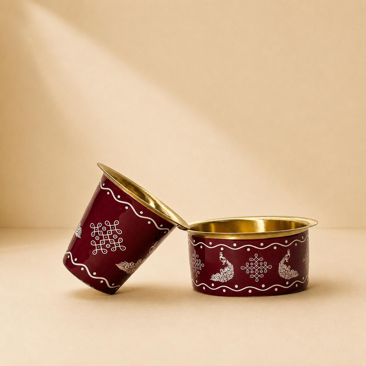 Red Meenakari Brass Dabara Set – Peacock Design