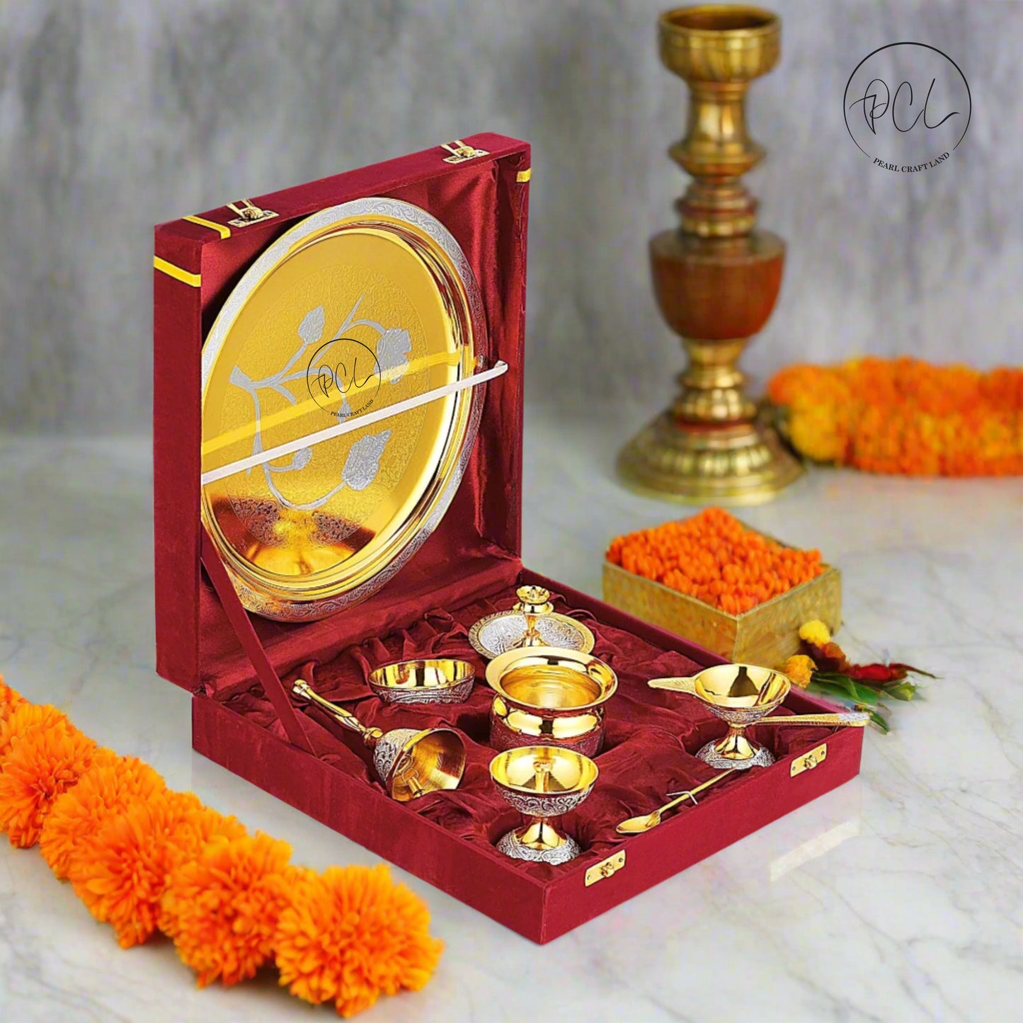 Exclusive Brass Pooja Thali with Brass Finished (Set of 8)