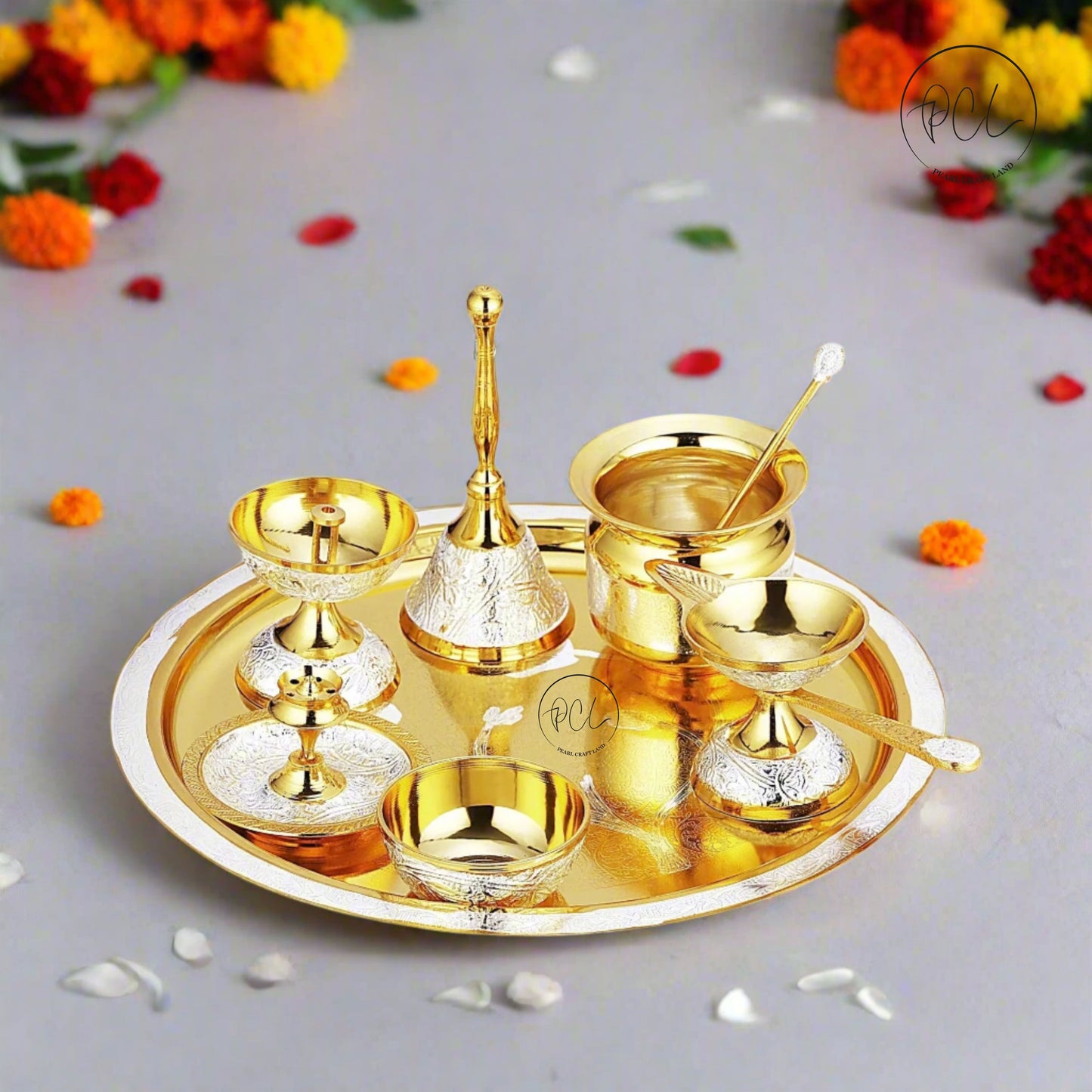 Exclusive Brass Pooja Thali with Brass Finished (Set of 8)