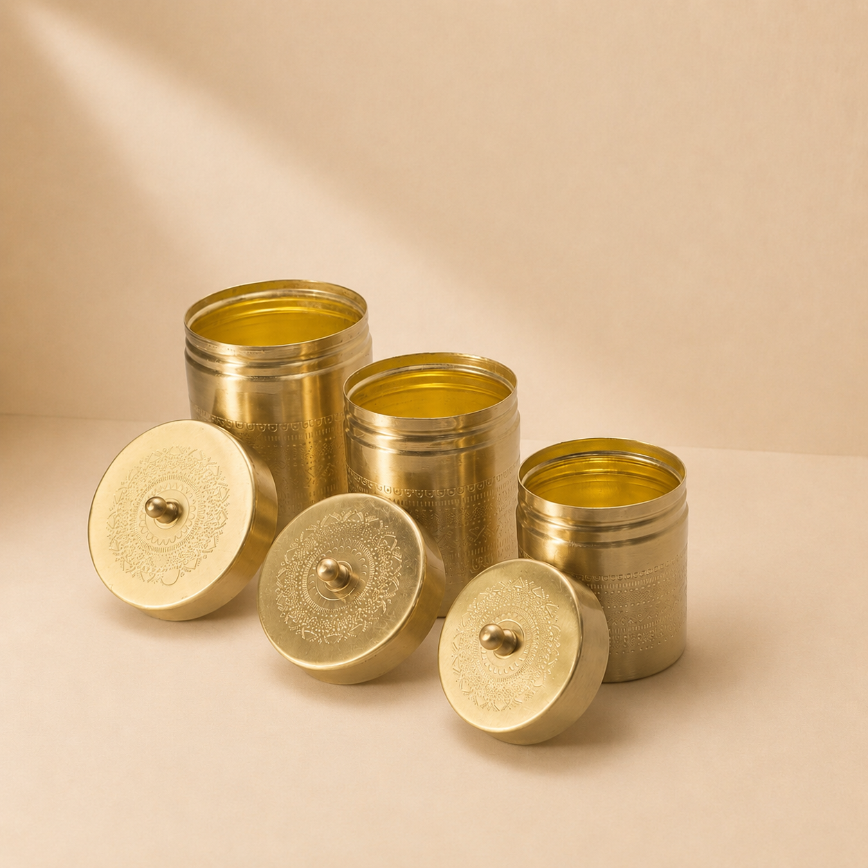 Handcrafted Engraved Brass Canister Set of 3 | Brass Storage Jars