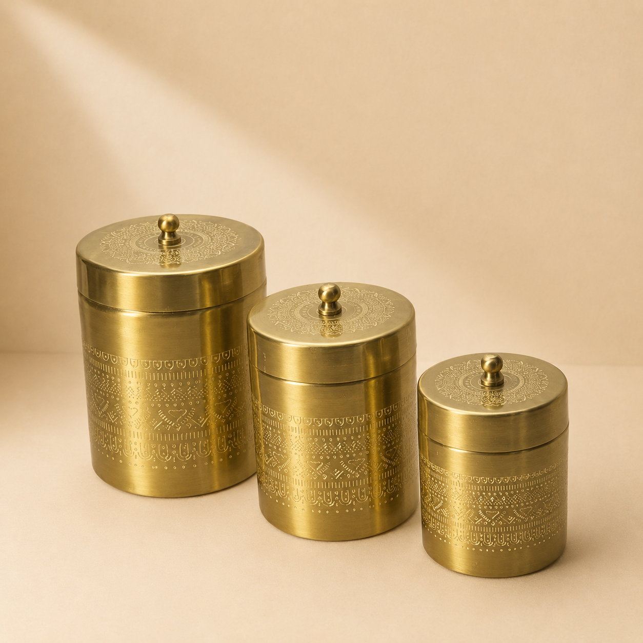 Handcrafted Engraved Brass Canister Set of 3 | Brass Storage Jars