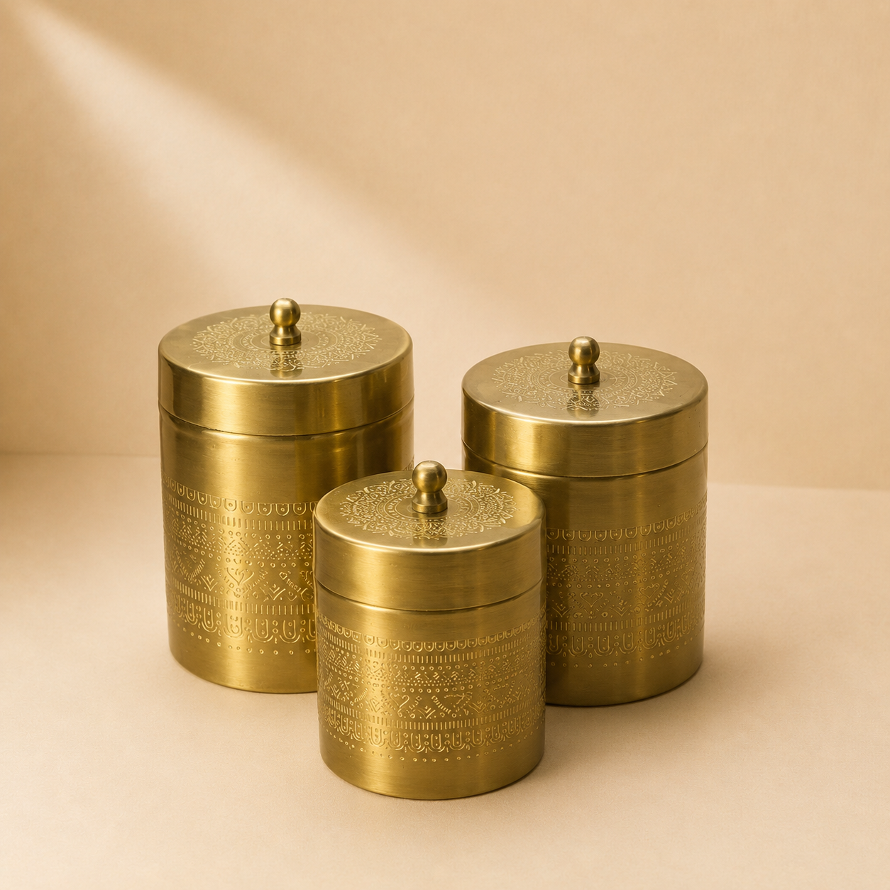 Handcrafted Engraved Brass Canister Set of 3 | Brass Storage Jars