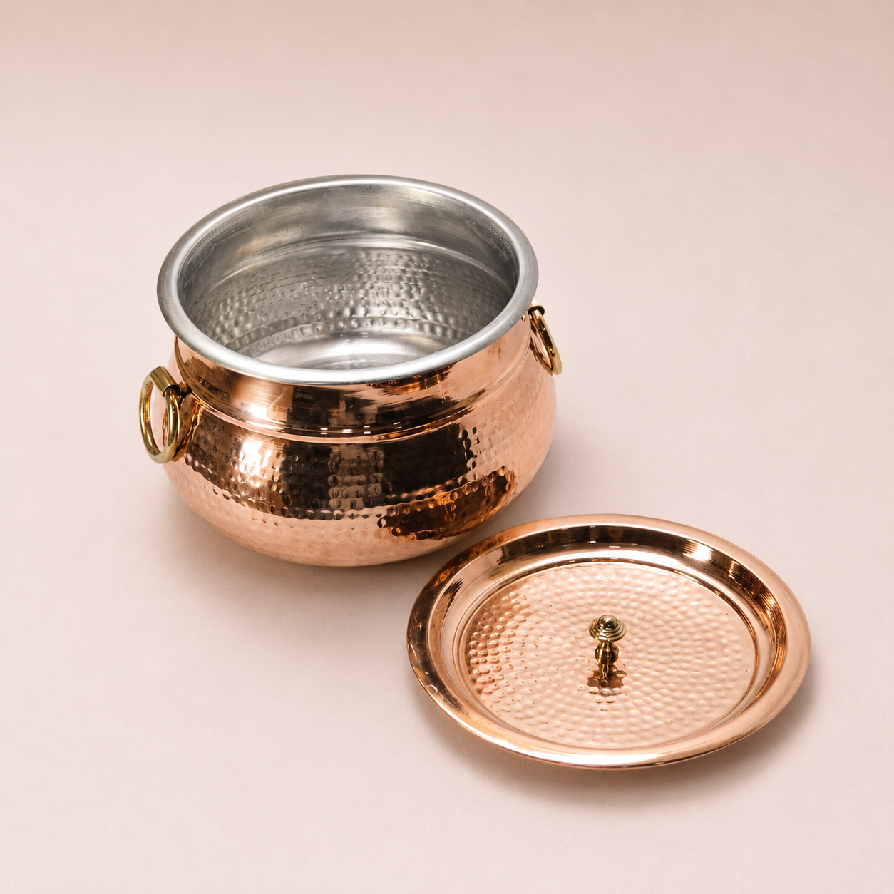 Pure Copper Hammered Mughal Handi with Lid & Brass Handle