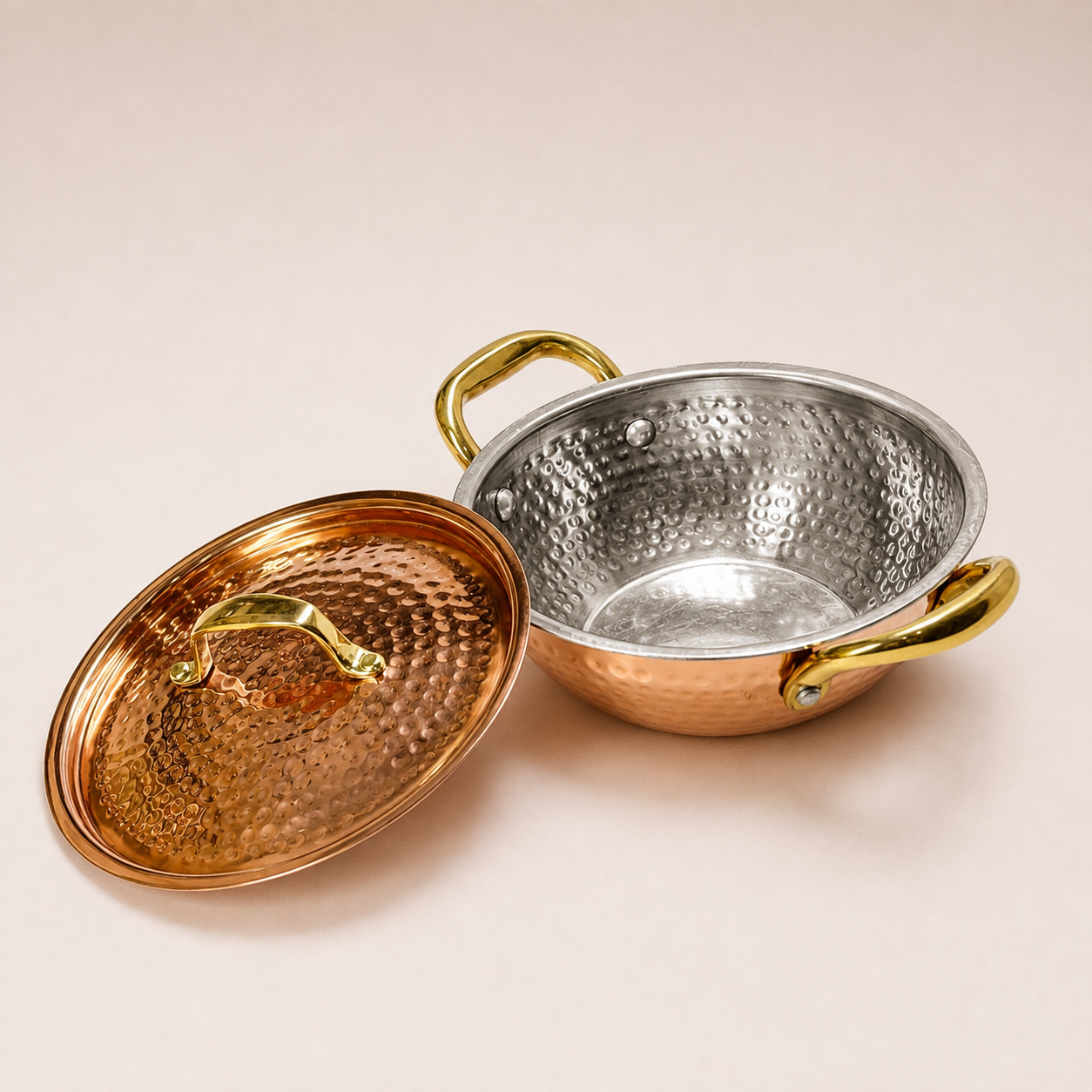 Handcrafted Hammered Copper Kadhai with Lid & Brass Handle