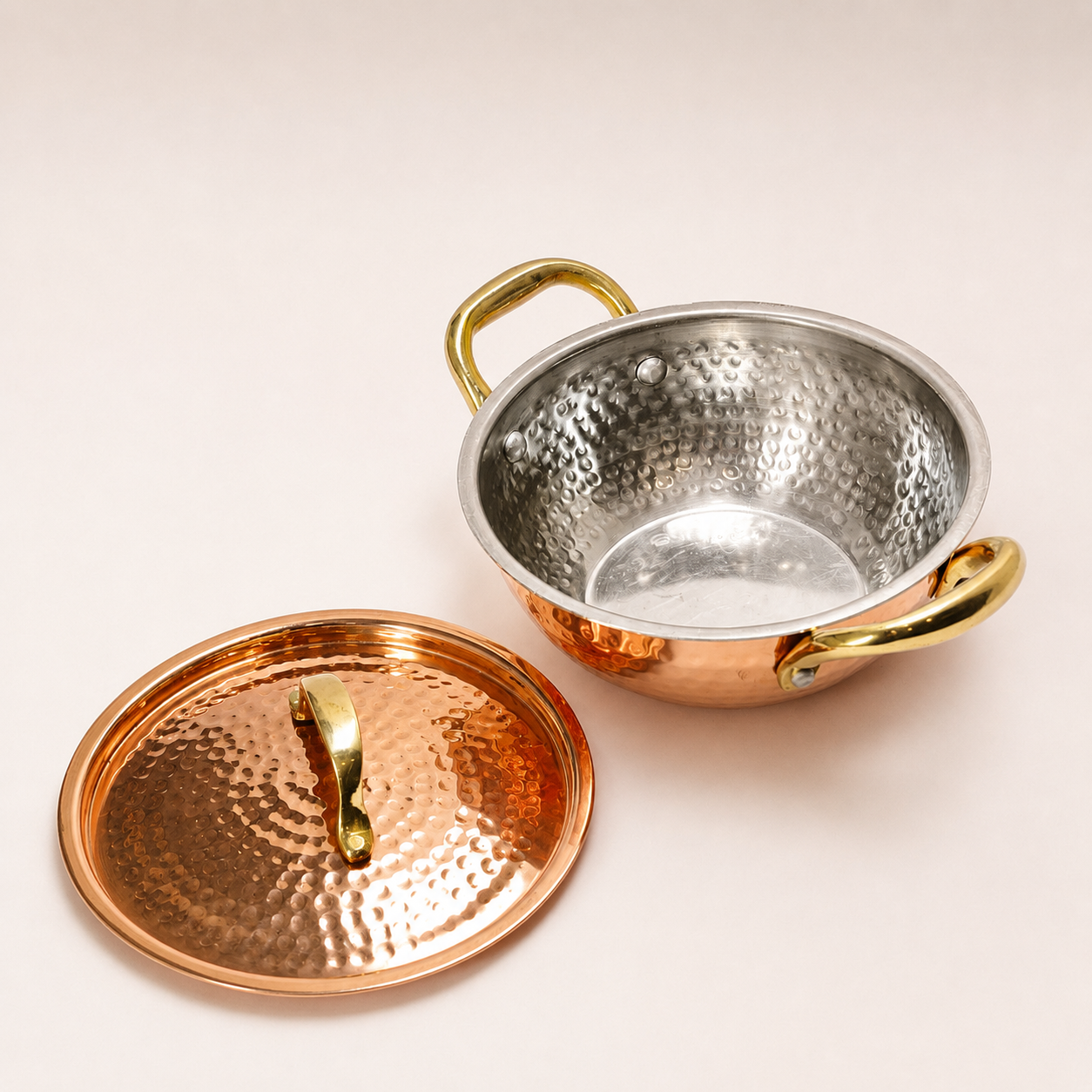 Handcrafted Hammered Copper Kadhai with Lid & Brass Handle