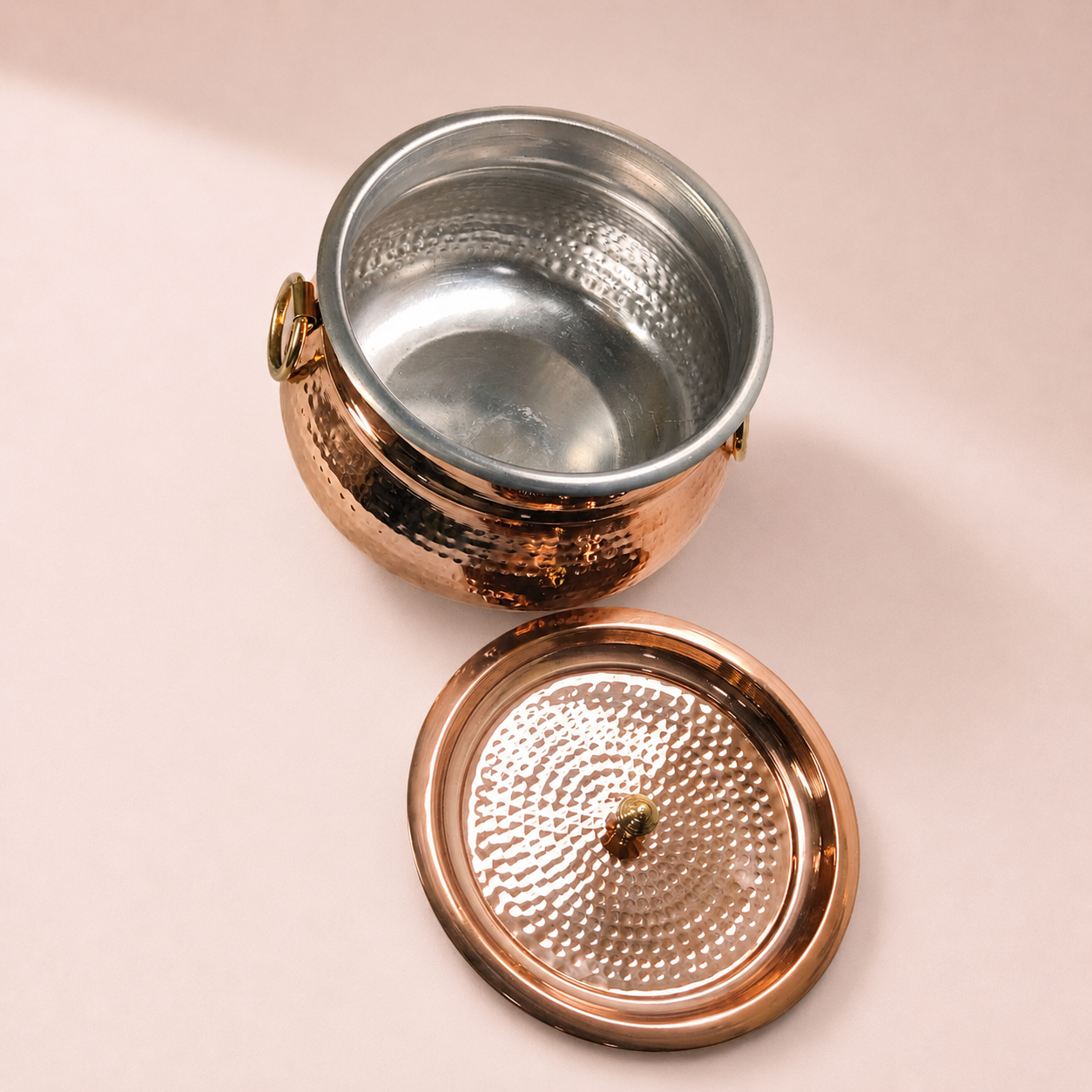Pure Copper Hammered Mughal Handi with Lid & Brass Handle