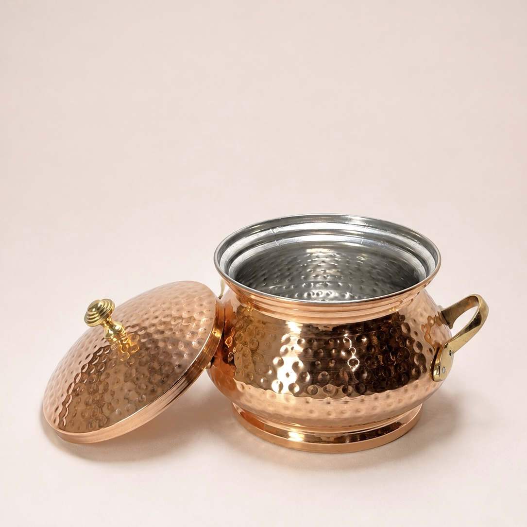 Handcrafted Hammered Copper Serving Handi with Brass Lid & Handle