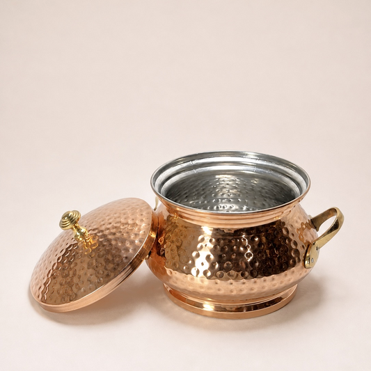 Handcrafted Hammered Copper Serving Handi with Brass Lid & Handle