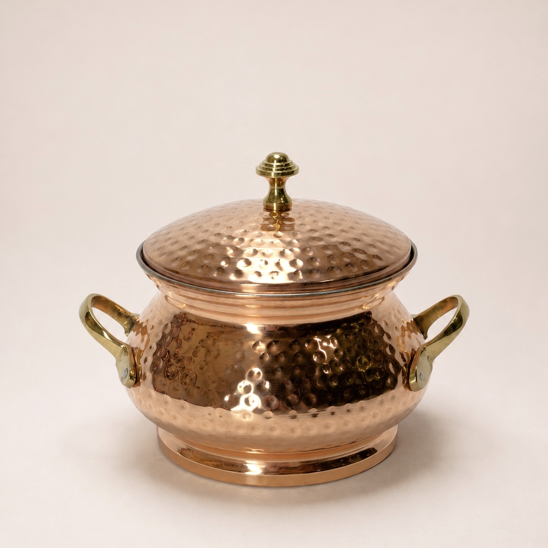 Handcrafted Hammered Copper Serving Handi with Brass Lid & Handle
