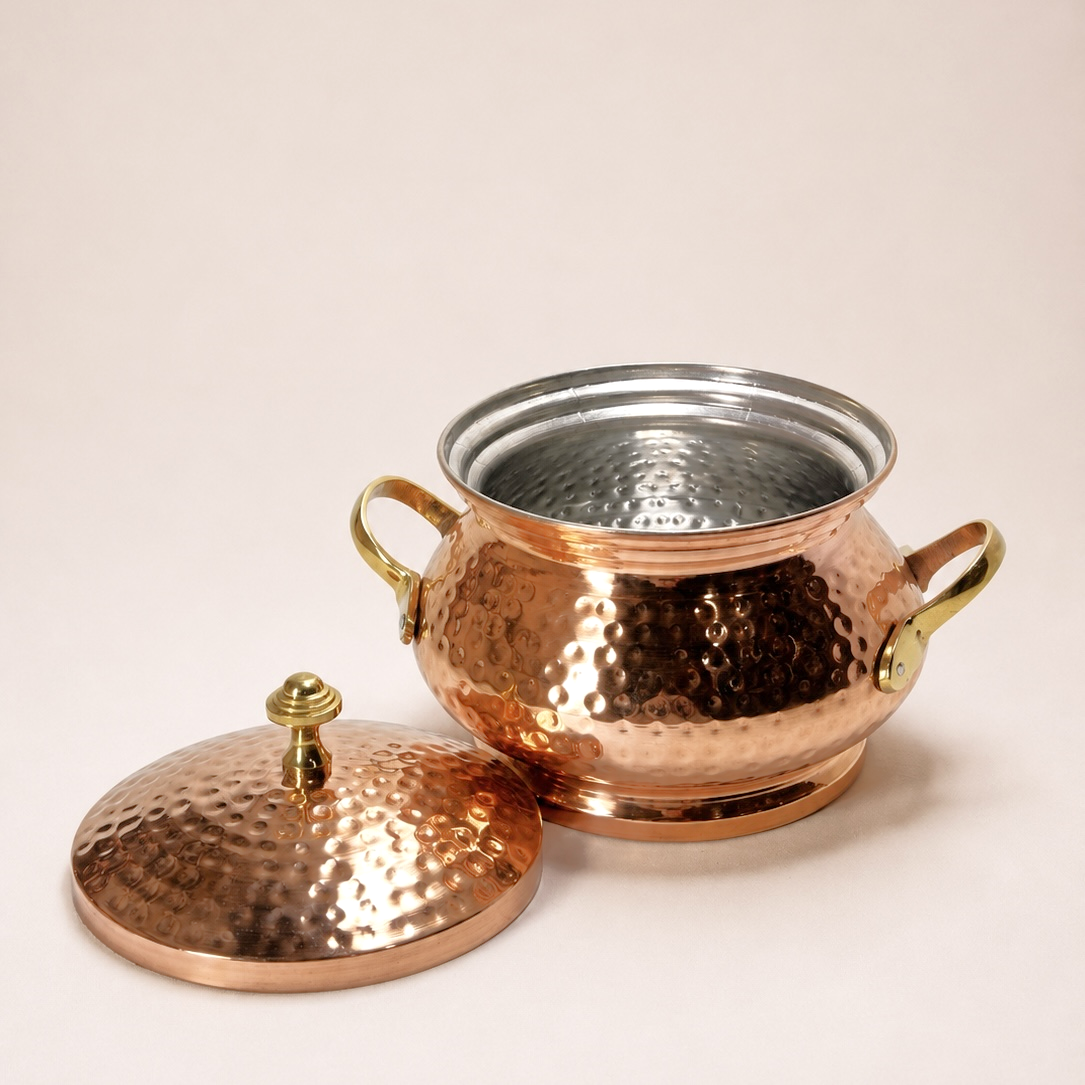 Handcrafted Hammered Copper Serving Handi with Brass Lid & Handle