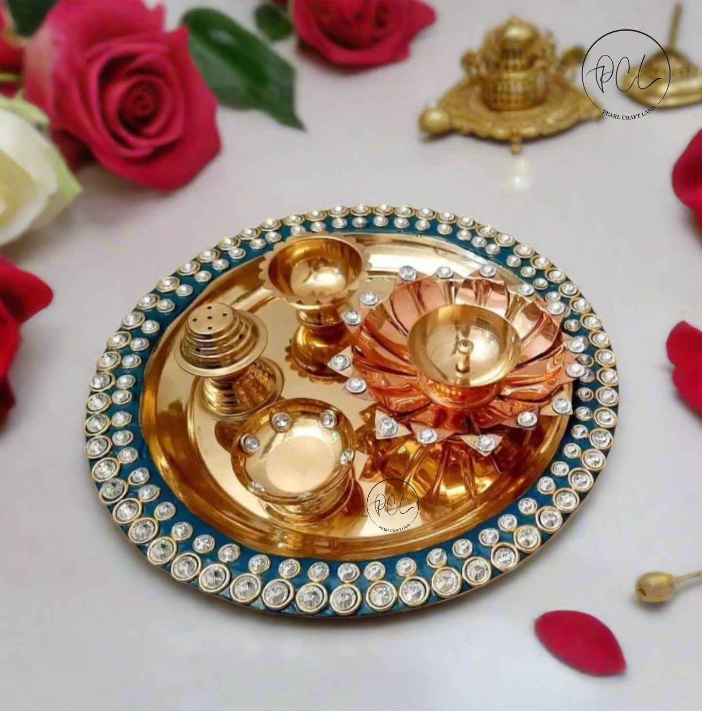Exclusive Blue Meenakari Crystal Pooja Thali Set of 5