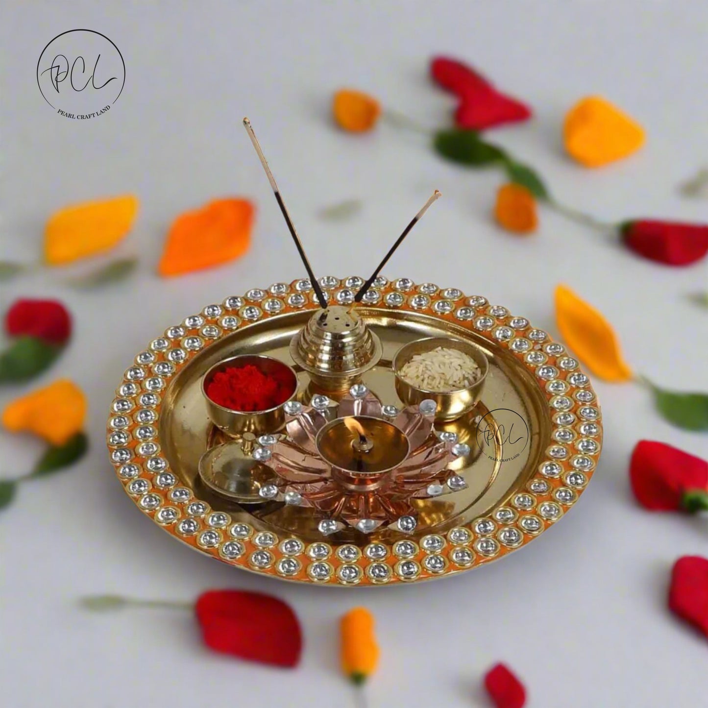 Exclusive Red Meenakari Crystal Pooja Thali Set of 5