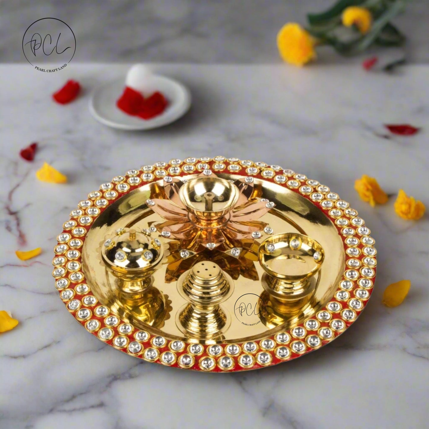 Exclusive Red Meenakari Crystal Pooja Thali Set of 5