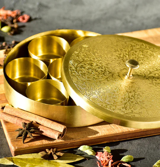 Handcrafted Brass Masala Box Set for Kitchen with Spoon  (7 Containers, 40 ML) 8"
