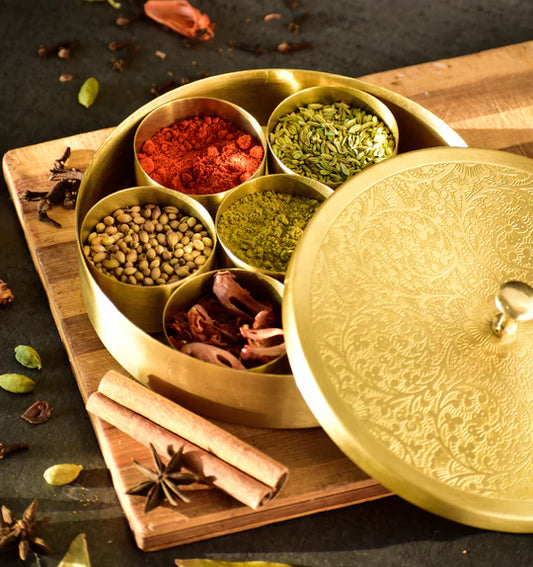 Handcrafted Brass Masala Box Set for Kitchen with Spoon  (7 Containers, 40 ML) 6"