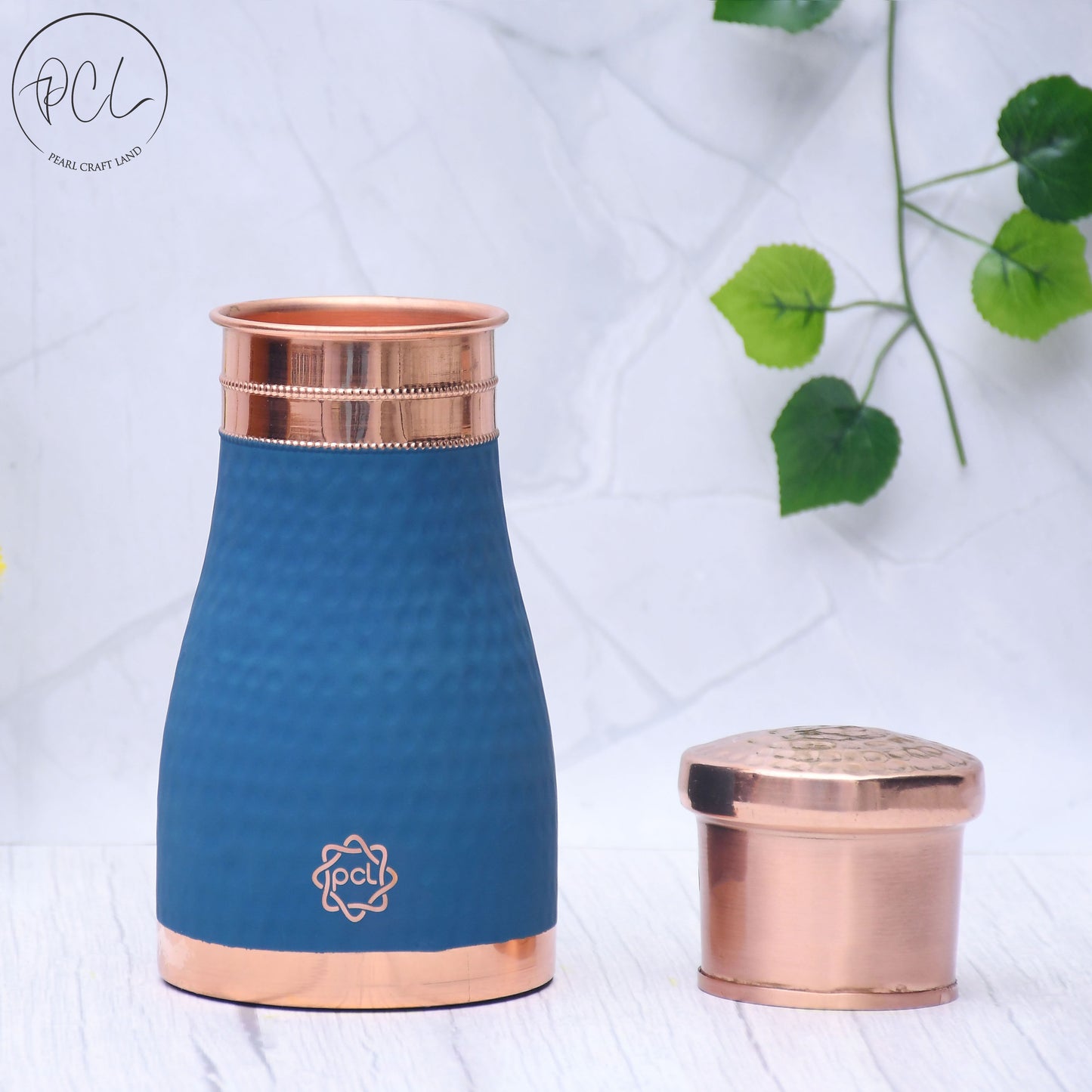 Pure Copper Silk Blue Bedside Jar with Inbuilt Glass Capacity 1000ML.