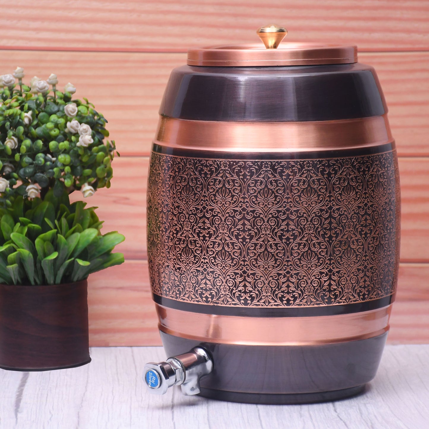 Pure Copper Water Dispenser Barrel Matka Antique Engraved Designed Capacity 8000 ML.