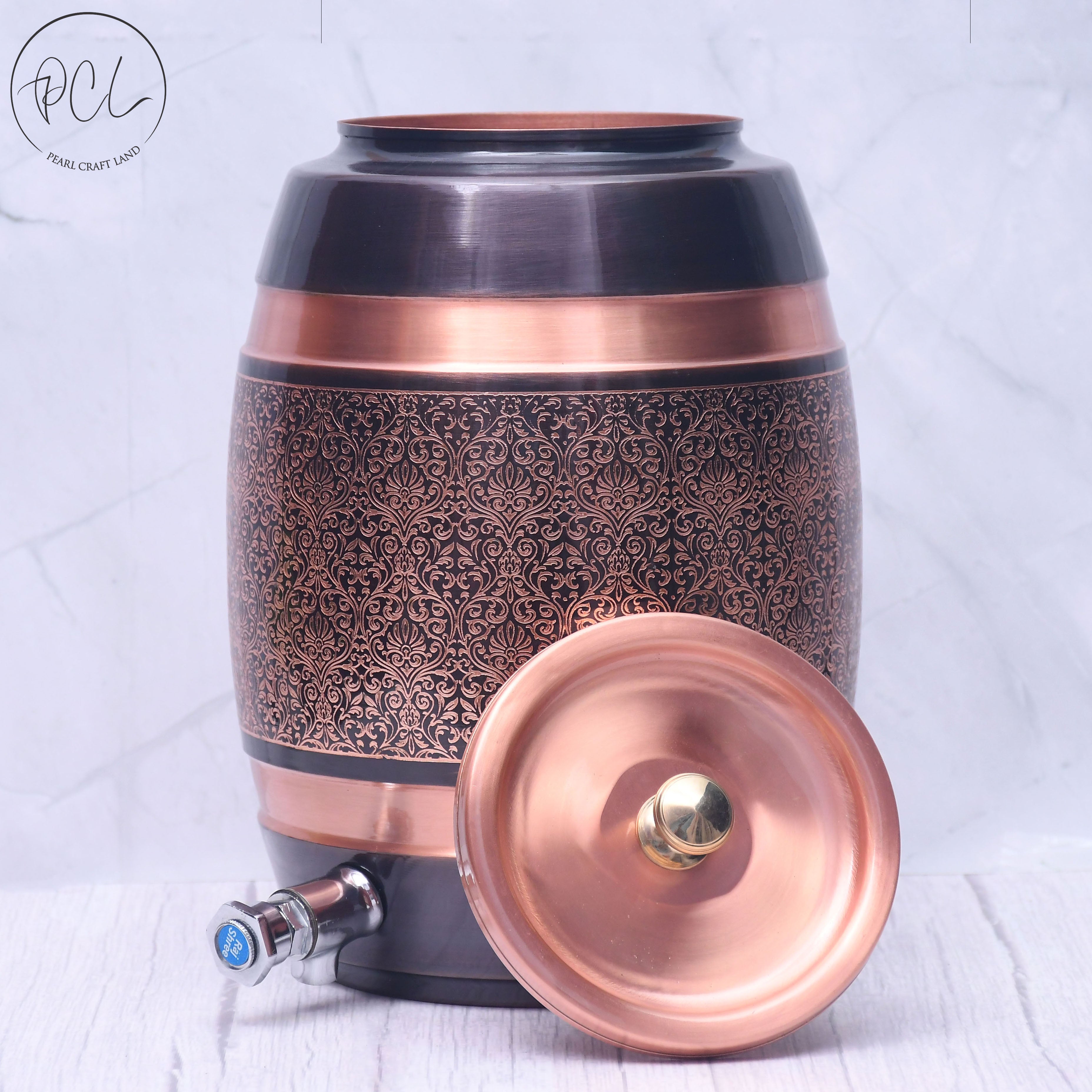 Pure Copper Water Dispenser Barrel Matka Antique Engraved Designed