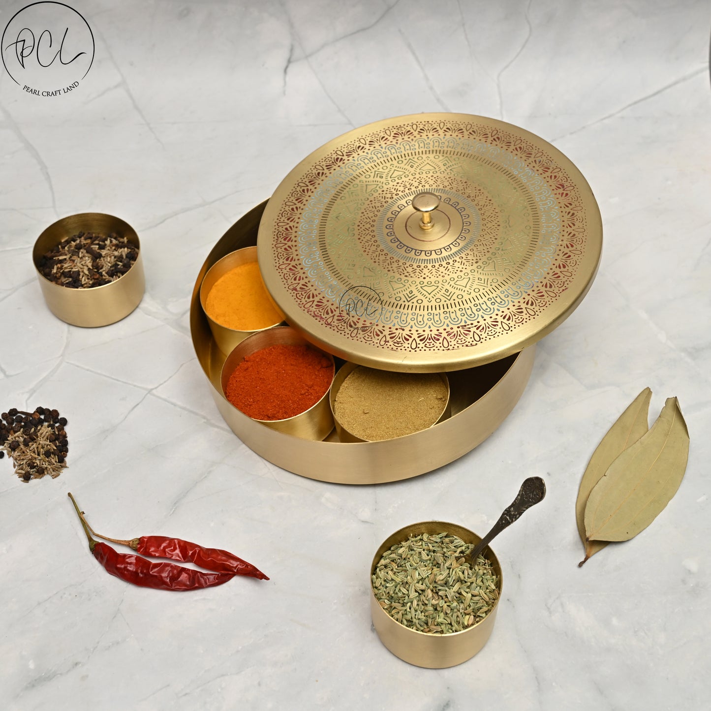 Handcrafted Brass Masala Box Rangoli Design Set for Kitchen with Spoon (7 Container)