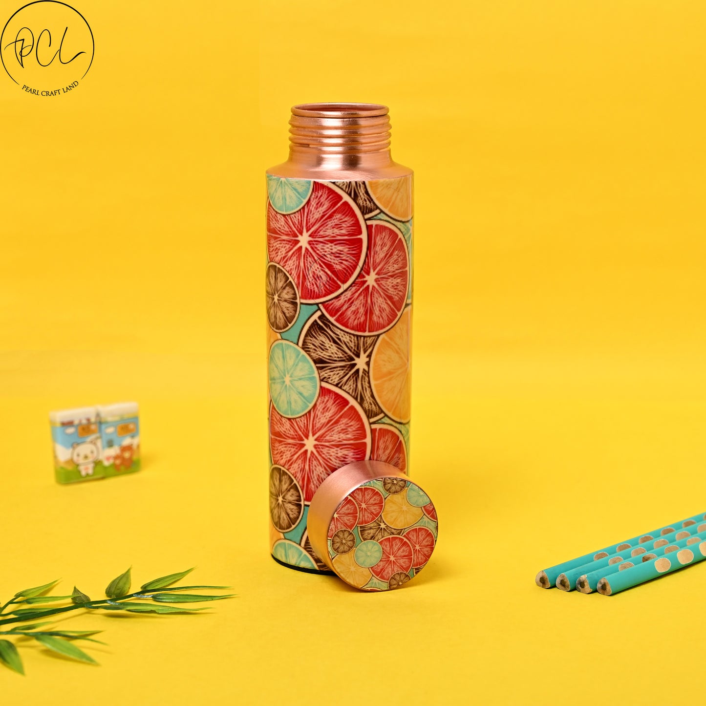 PCL Copper Bottle Fruit Lemon Design For Kids , Men & Women Summer Bottle| High Quality Enamel Sticker | 400 ML