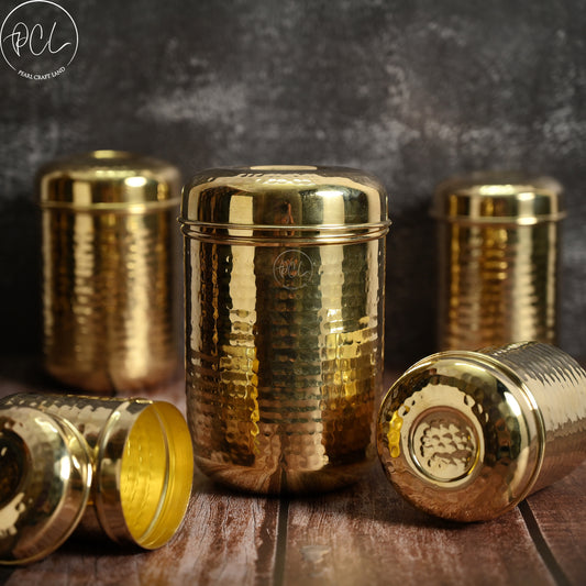 High Quality Pure Brass Kitchen Storage Canister Set of 5 Pcs - Shiny Polished With Hammered Design